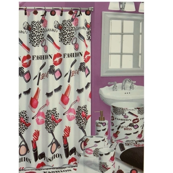 Fashion Girl Boss Shower Curtain Fabric 72 X 72 In Square White Pink Multicolor - Picture 1 of 11